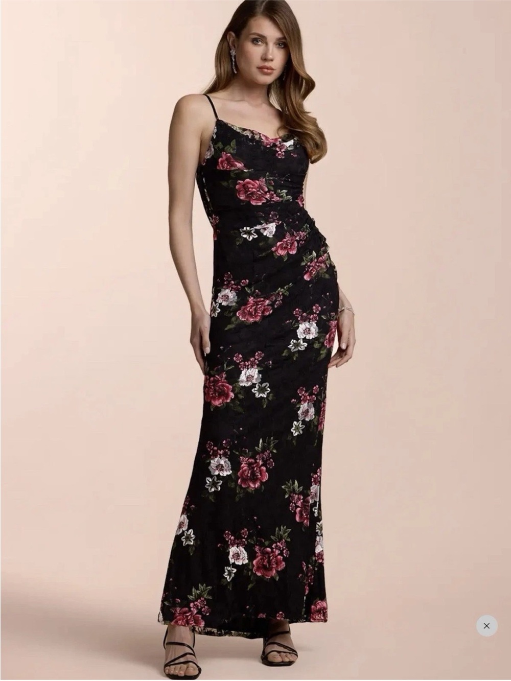 Azazie Black Floral Spaghetti-Strap Maxi Dress